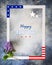 Inscription Happy labor day in a white frame with american flag elements and sprig of lilac on a blue background