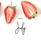 Inscription Hello July. Creative fresh strawberries pattern background.
