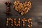 Inscription I love nuts, from nuts, walnuts, almonds and hazelnuts