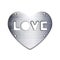 Inscription love in Heart, metal plate with rivets, icon. Symbol Valentines day sign, emblem. Style for graphic and web design,