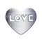 Inscription love in Heart, metal plate with rivets, icon. Symbol Valentines day sign, emblem. Style for graphic and web design,