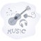 Inscription Music, guitar, headphones, microphone and musical notes on a white background
