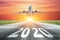 The inscription on the runway 2020 surface of the airport runway with take off airplane. Concept of travel in the new year,