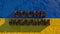 The inscription in rusty letters Bucha Ukraine on the Ukrainian flag. Russian aggression 3d renering