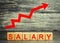 The inscription salary and the red arrow up. increase of salary, wage rates. promotion, career growth. raising the standard of