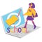 The inscription school. Girl goes to online school. Modern design concept of online school. Schoolgirl stands on a laptop