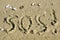 The inscription SOS Save Our Souls on the sandy beach. Pollution of the coast