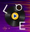 Inscription Stay in love mode with a cup of coffee, retro vinyl record and play button on bright purple and yellow