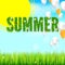 The inscription of summer green leaves of spring and summer flowers, ladybugs. Blooming summer text on green background