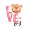 The inscription on the t-shirt of the owner of the dog Pitbull. Word LOVE with a American Staffordshire Pit Bull Terrier