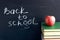 Inscription text Back to school on black chalkboard and red apple on stack books textbooks, Concept education