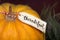 The inscription `Thankful` on the pumpkin. Thanksgiving Day