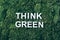 Inscription Think green, Live green words on moss, green grass background. Top view. Copy space. Banner. Biophilia