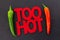 Inscription Too Hot hot chili pepper message poster parallel chili pod red green frame on black form bright message