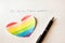 Inscription on white background I`m sorry I love women, heart in the form of a flag LGBT and a pen, lesbian