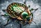 an insect with green spots sitting on a stone surface covered in dirt