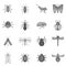 Insect icons set, gray monochrome style
