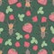 Insect seamless pattern with stug beetle and strawberries. Vector illustration