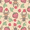 Insect seamless pattern with stug beetle and strawberries. Vector illustration