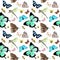 Insects - butterflies, bees, dragonfly. Seamless background with exotic butterfly. Watercolor