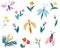 Insects and flowers collection. Butterflies, dragonflies, beetles and flowers. Bundle of decorative design elements. Spring time.