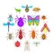 Insects icons set, cartoon style