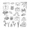 Insects set hand drawn elements in doodle style. vector scandinavian butterfly, caterpillar, beetle, spider, bee, wasp, flower,