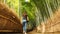 Inside the Arashiyama Bamboo Grove park of Japan, a paved path, with sides of straw and wood, guides this visitor into the forest.