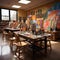 Inside the art room, surrounded by colorful art supplies and inspiring artworks.