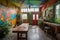 inside of an art studio, with vibrant murals and paintings on the walls
