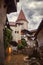 Inside Bran Castle in Transylvania. Inner yard in a summer rainy day. The dark Castle of Count Dracula Brasov, Romania