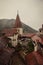 Inside Bran Castle in Transylvania. Inner yard in a summer rainy day. The dark Castle of Count Dracula Brasov, Romania