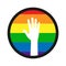 Inside the circle, a raised hand with the palm spread out against the background of LGBT colors, isolated on a white background,