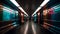 Inside empty subway car, metro car empty interior. Neon style design. Generative AI