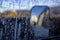 Inside frozen car, glass view, window covered with ice, early morning winter season