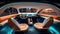 Inside futuristic car. Neon auto, modern interior and road grid. Driverless vehicle on night traffic background
