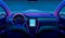 Inside futuristic car. Neon auto, modern interior and road grid. Driverless vehicle on night traffic vector background