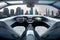 Inside a futuristic supercar, looking through the car\\\'s glass, you can see a futuristic city