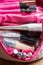 The inside of a girl\'s cosmetic bag