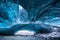 Inside an ice cave in Vatnajokull, Iceland, the ice is thousands of years old and so packed it is harder than steel and crystal