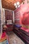 Inside interior of Carpet shop with colourful moroccan rugs and berber carpets on display in a souk market in the centre of medina