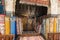 Inside interior of Carpet shop with colourful moroccan rugs and berber carpets on display in a souk market in the centre of medina