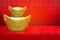 inside left, ancient two gold chinese money stack on red velvet fabric floor, red wall background, decor, money, object, chinese,