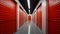 Inside a long row of red color doors of modern clean storage facility, Generative AI