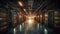 Inside a modern warehouse, rows of shelves store technology equipment generated by AI