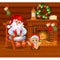 Inside the old cozy wooden village house. Home furnishings. Santa Claus and the boy assistant. Sketch of Christmas
