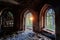 Inside old ruined abandoned historical Khvostov`s mansion in Gothic style