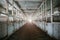 Inside old wooden stable or barn with horse boxes, tunnel or corridor view