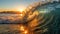 Inside a rolling wave in the ocean as it breaks at sunrise or sunset