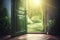 from inside the room, the door opens to reveal the lush garden outside. Ai generated